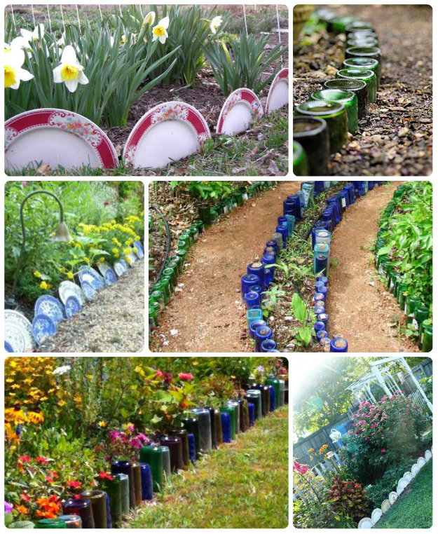Collage of plates and bottles used as garden edging
